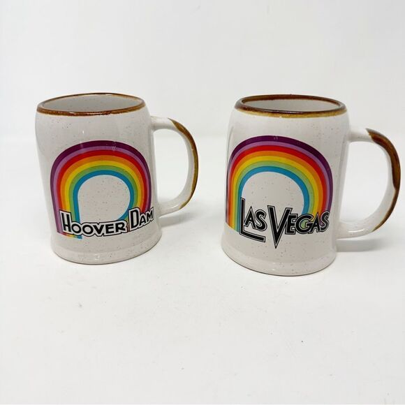 Vintage Retro 70s Rainbow Coffee Mugs MCM Cups Las Vegas Hoover Dam Nevada - Picture 1 of 6
